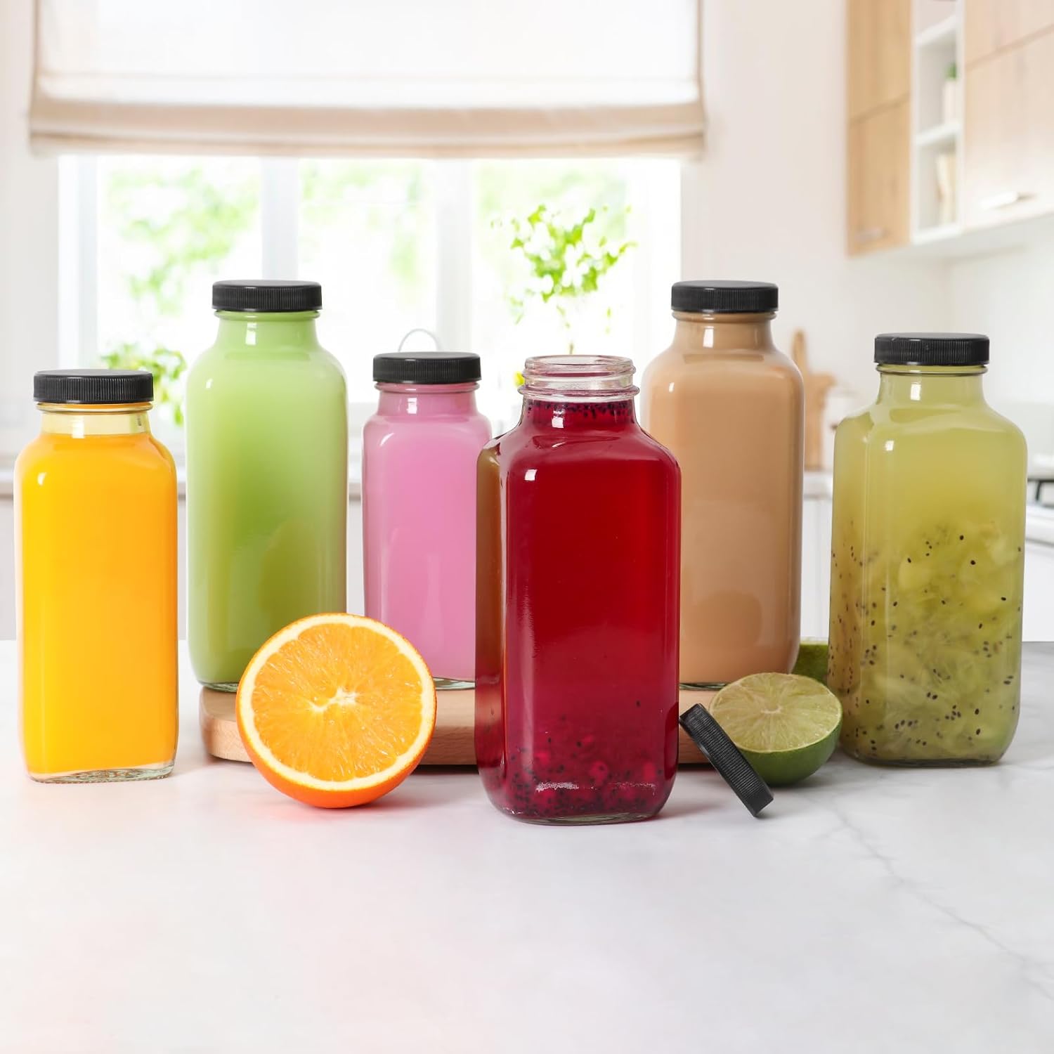 SZUAH 12 oz Glass Juice Bottles with Lids 12 Pack,Reusable Water Bottle,Juicing Bottles for Smoothies, Milk, Storage, Small and Portable(360ml, Set of 12)