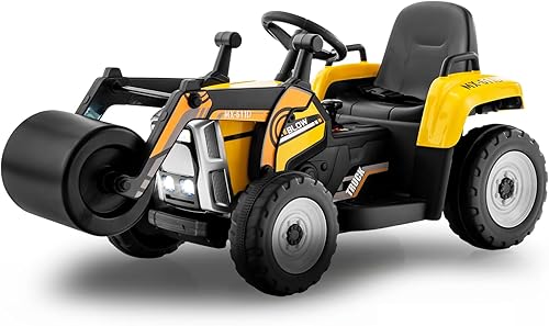 HONEY JOY Coche de paseo eléctrico de 12 V con control remoto, tractor de batería para niños pequeños con rodillo de tambor ajustable, bocina y