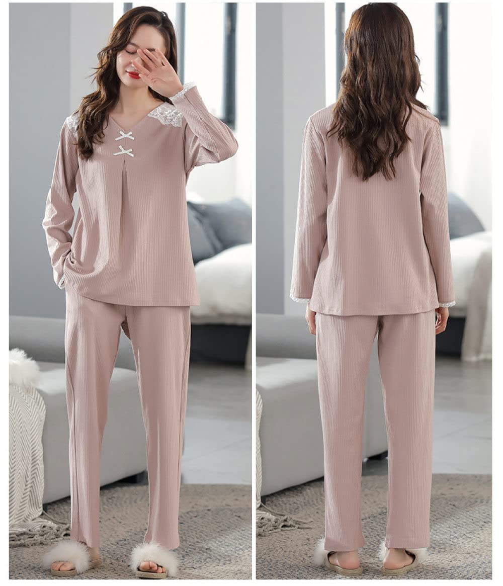 Pijama Mujer,Conjuntos De Pijama De Algodón Para Mujer Jersey De Encaje Con Cuello En V Y Lazo En El Hombro De Color Rosa Oscuro Elegante Y Acogedor Invierno Cálido Pjs De Manga Larga Top & Amp;