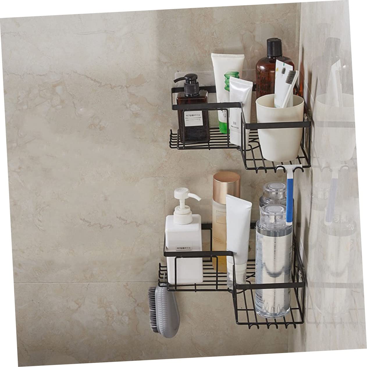 Mensola Doccia senza Foratura in Acciaio Nero 2pezzi Organizer per Bagno Angolare Adesivi Resistenti per Vasca e Parete