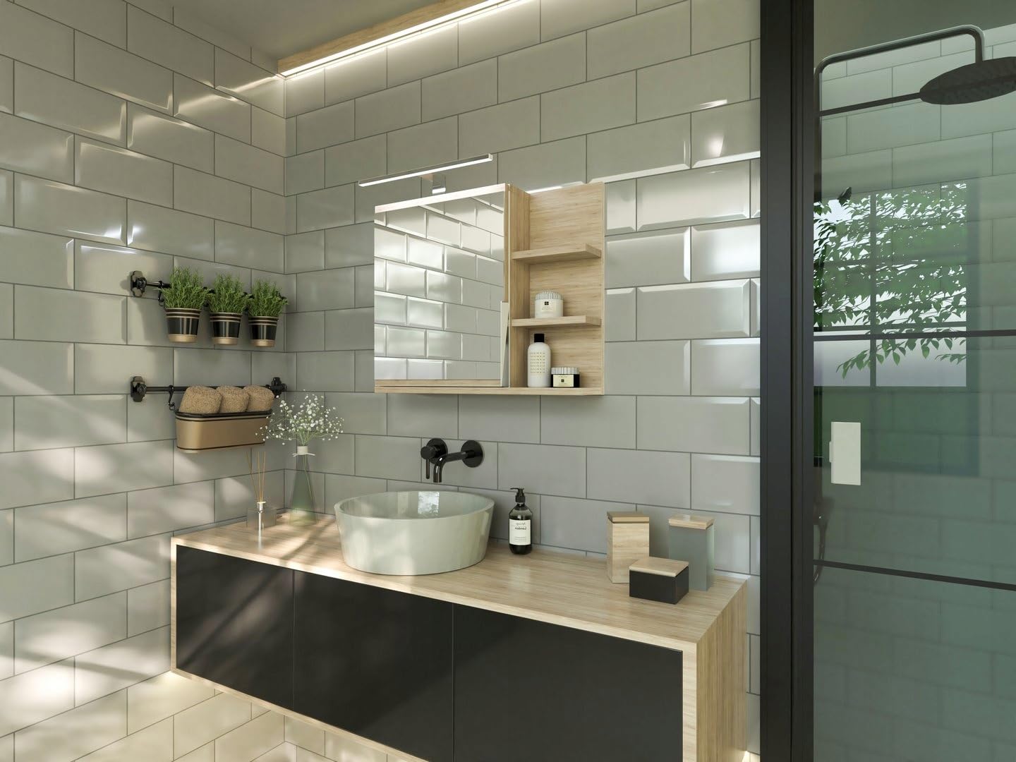 Spiegelschrank 60x50 Sonoma Eiche, Badezimmerschrank mit Ablagen, Badezimmerspiegel, Hängeschrank LED Lampe - Recht