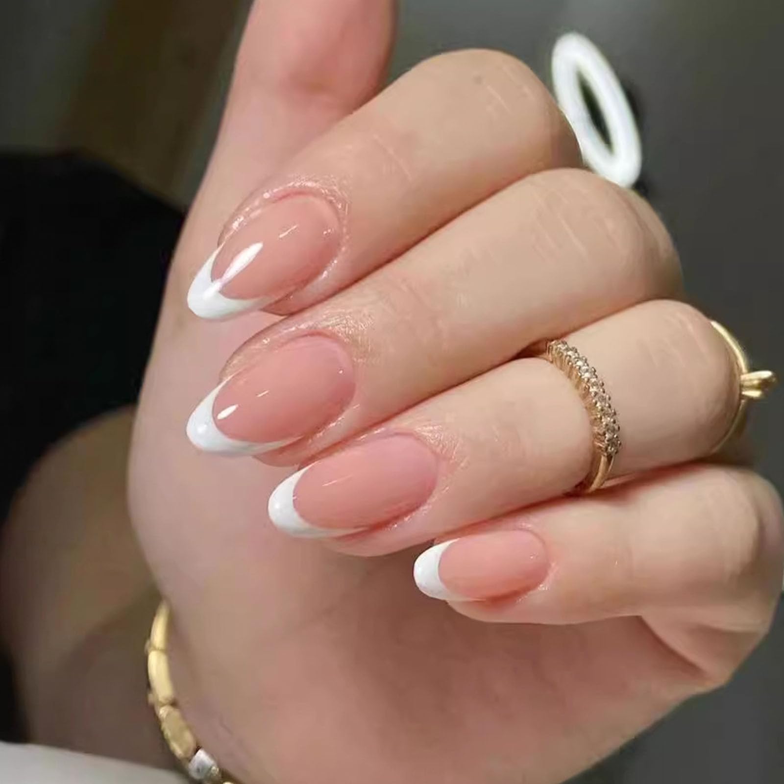 Medium Press on Nails Almond Fake Nails White French Tip Nails Press ons Glossy Glue on Nails Nude Pink Acrylic Nails Full Cover False Nails Daily