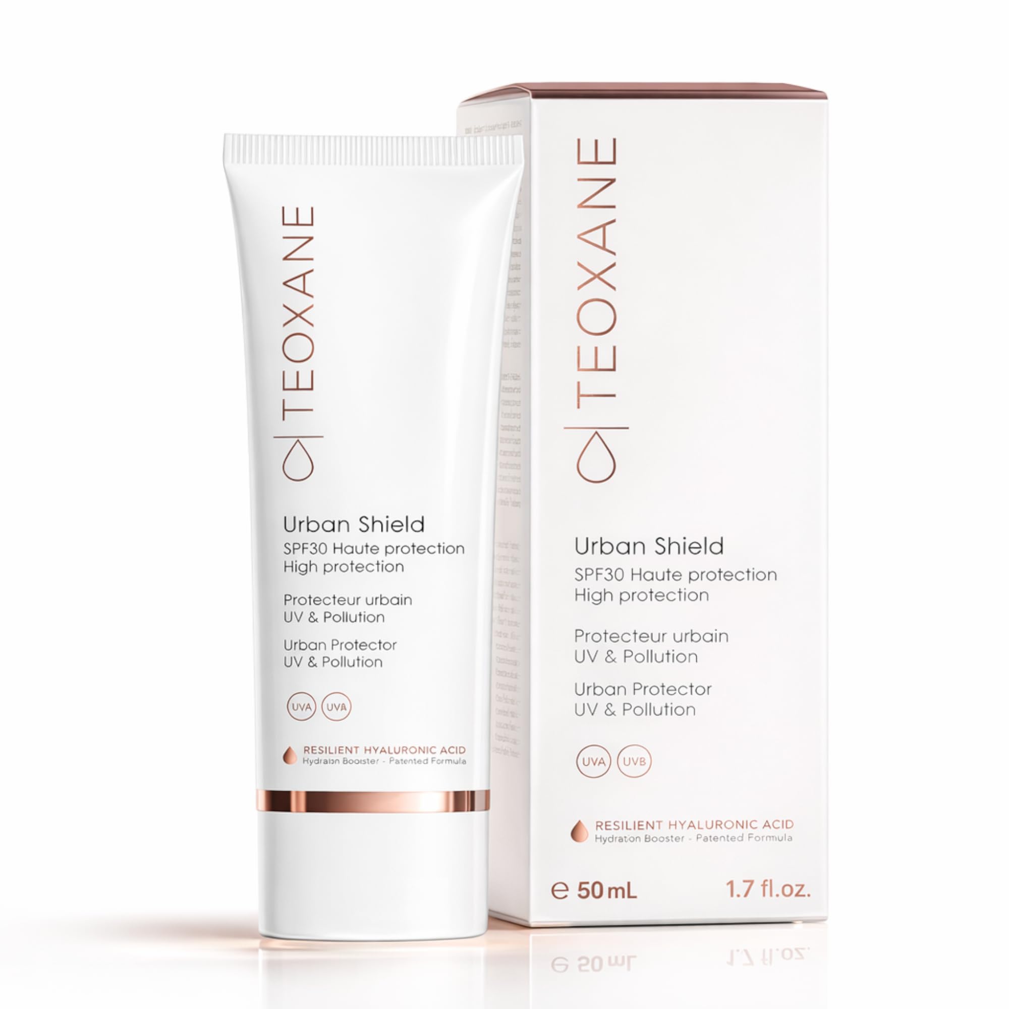 TEOXANE Urban Shield SPF 30 50 ml – Crema solar tintada para la cara con ácido hialurónico RHA, protección UVA UVB, crema de día antipolución, protector solar facial hidratante como base de maquillaje