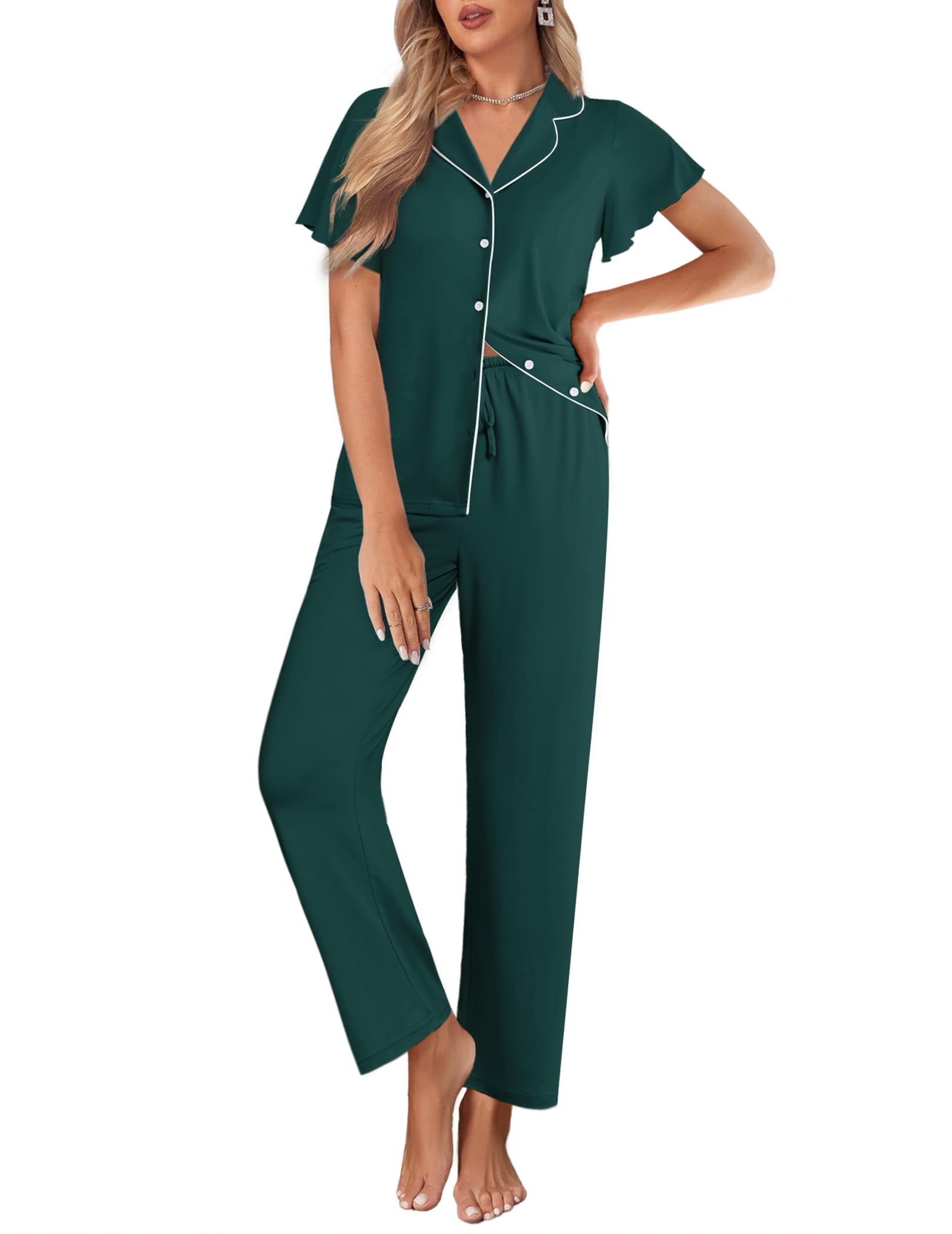 Ekouaer Pajamas for Women Set Button Up Sleepwear Cute Pjs Ruffle Sleeve Notch Collar Loungewear with Long Pants