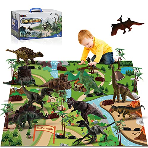 DOLIVE Dinosaur Toy Model for Boys & Girls with Dino Play Mat Set, 26-Piece Educational Dinosaur Toy Playset Creates Dinosaur World, Including T-Rex, Triceratops, Velociraptor, for Kids