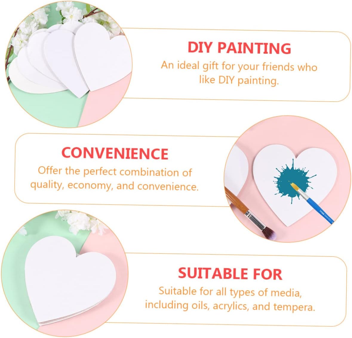 6pcs Cotton Art Panels Heart Shape Oil Painting Boards Heart Cutouts Canvas Drawing Boards