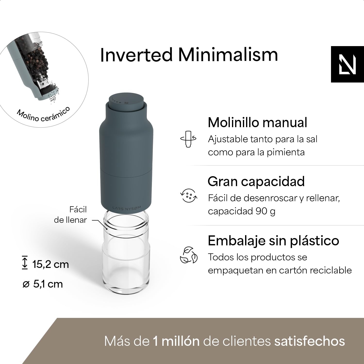 LARS NYSØM Juego de Molinillo de Sal y Pimienta de Acero Inoxidable con Molinillo Ajustable I Diseño de Botella Juego de Molinera de Especias Manual (Blue)