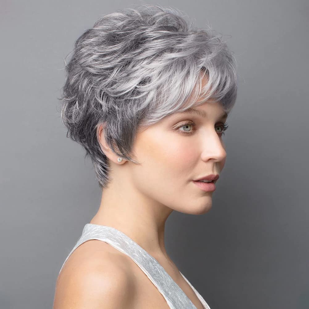 Amazon.com: MIMAN Short Gray Pixie Cut Wigs with Bangs Layered Short Wigs  Synthetic Short Hair Wigs for White Women Costume Wigs Party Halloween  Costume Cosplay Wig Daily Used : Clothing, Shoes &