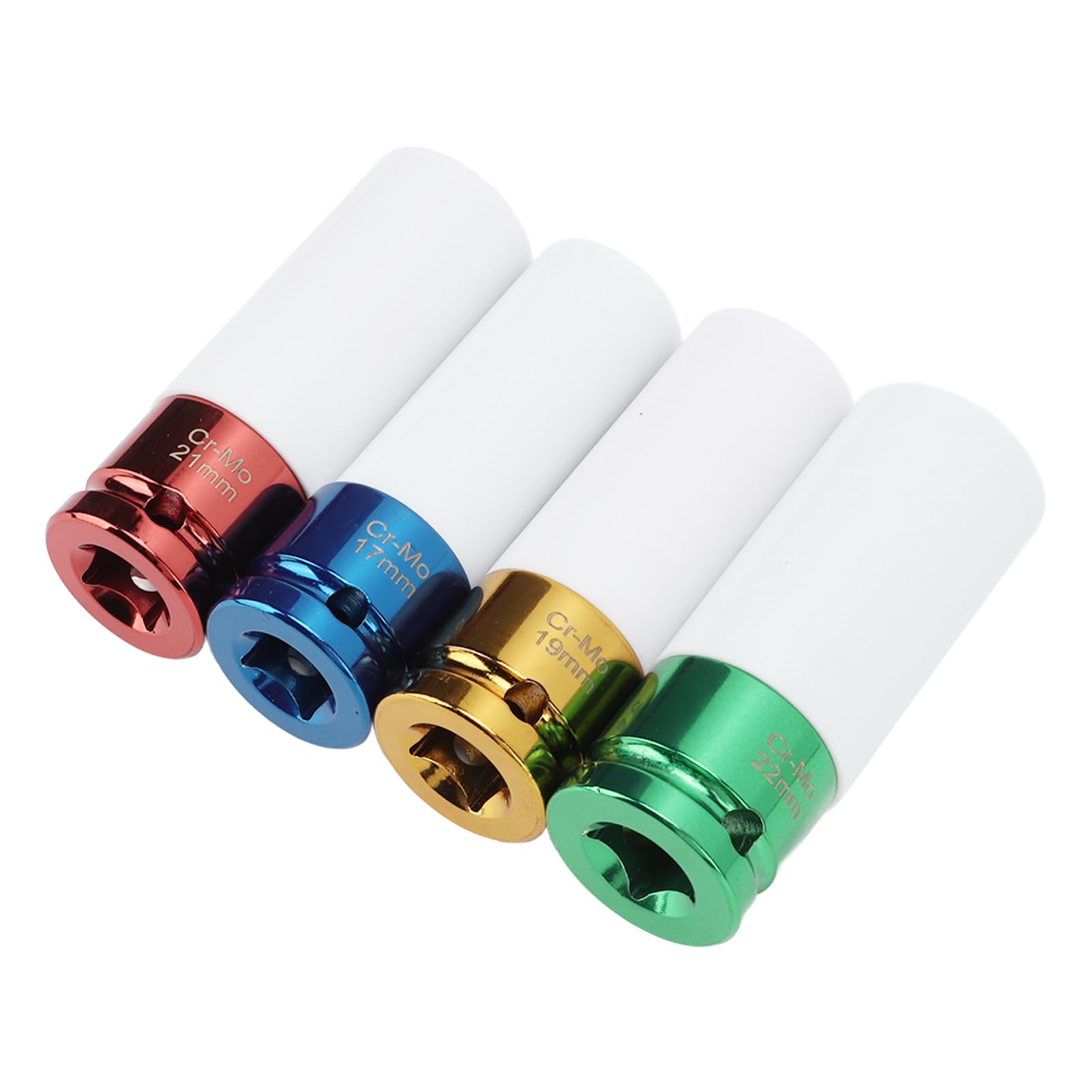 4-częściowy zestaw nakrętek koła napędowego 1/2 cala Zestaw nasadek udarowych 17 mm 19 mm 21 mm 22 mm Metryczne 6-punktowe, kodowane kolorami Ochrona przed zarysowaniami z etui do