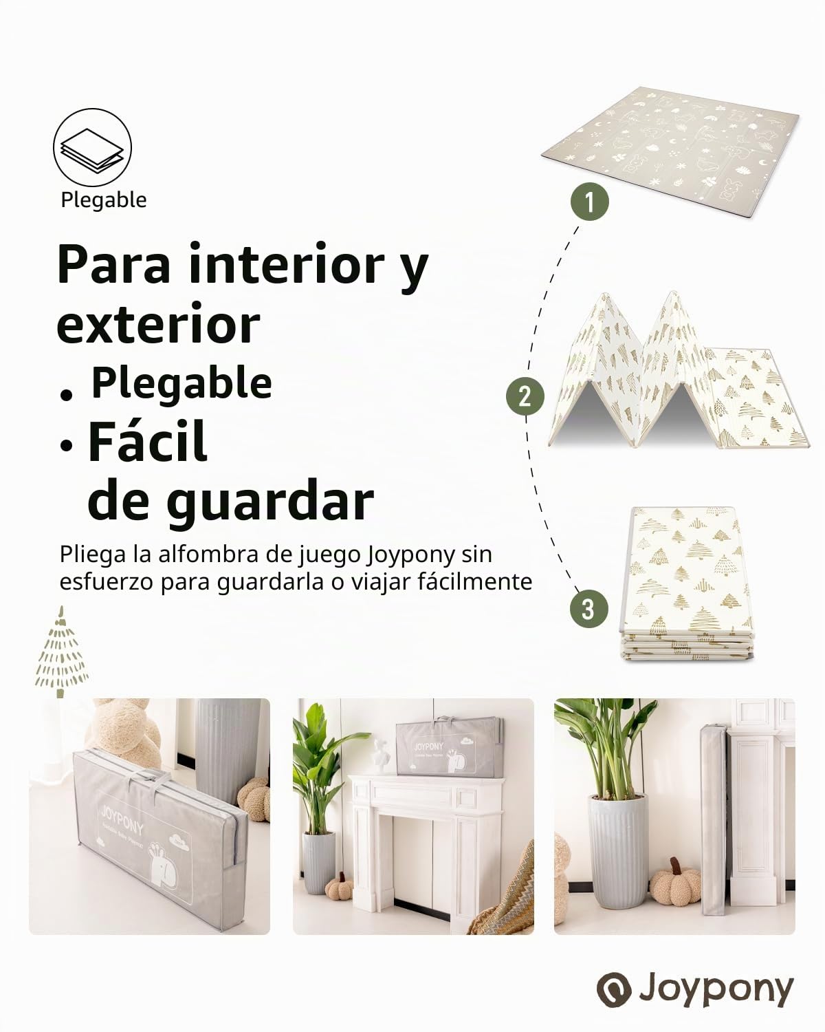 Joypony Alfombra para gatear para bebé, 120 x 120 cm, grande, plegable, impermeable y antideslizante, con bolsa de transporte, ideal para bebés y niños pequeños