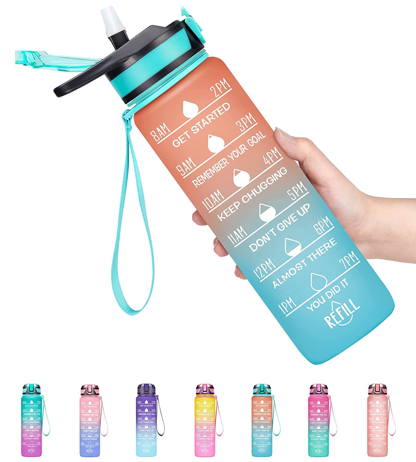 32oz Leakproof Water Bottle with Motivational Time Marker to Ensure You Drink Enough Water Daily for Fitness, Gym and Outdoor Sports (Purple)