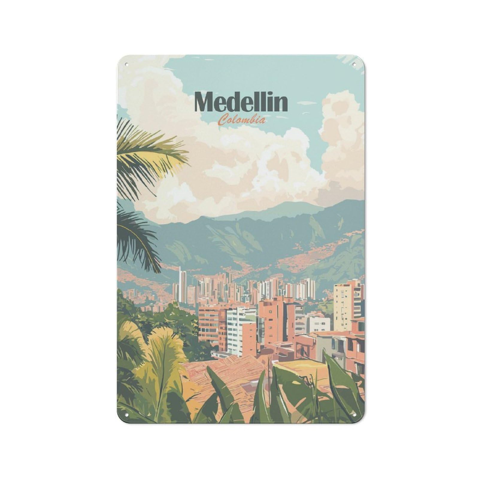 Junmoney Style-4 Retro-Style Metal Sign 30X20cm Featuring Medellin Colombia Cityscape Travel For Garage Wall, For Vintage Wall Decor Fans, For Metal Sign Collectors