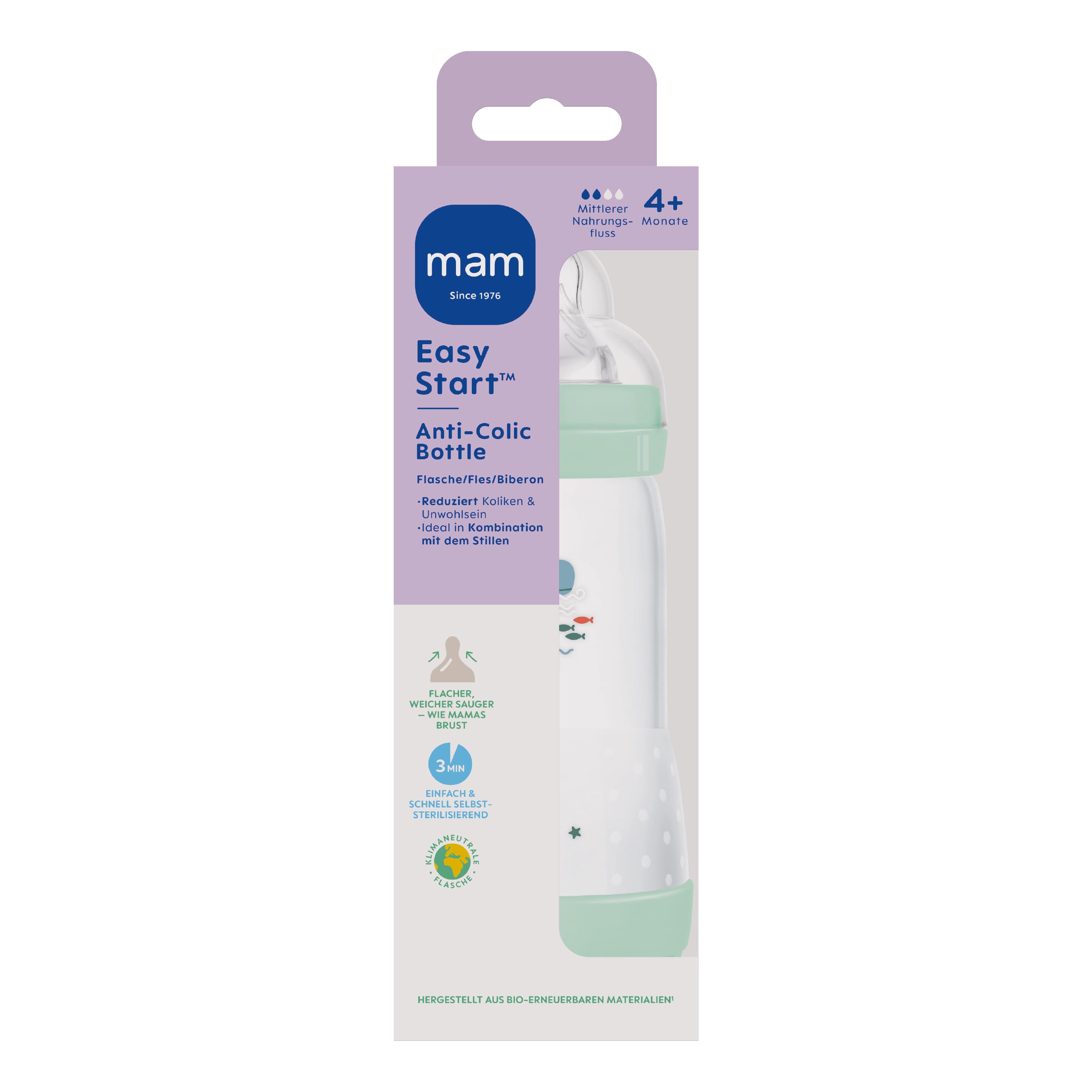 MAM Easy Start - Biberón anticólicos (320 ml), botella de leche especialmente aceptada, con válvula inferior contra cólicos y tetinas, tamaño 2, 4 meses y más, ballena