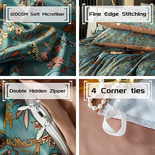 Oranfran DCS-FH01 Vintage Style Duvet Cover Set,5 Pcs Boho Comforter Cover Set,Paisley Floral Bedding Set,Green Floral Duvet Cover,Queen Duvet Cover,Soft Reversible Design thumb #3