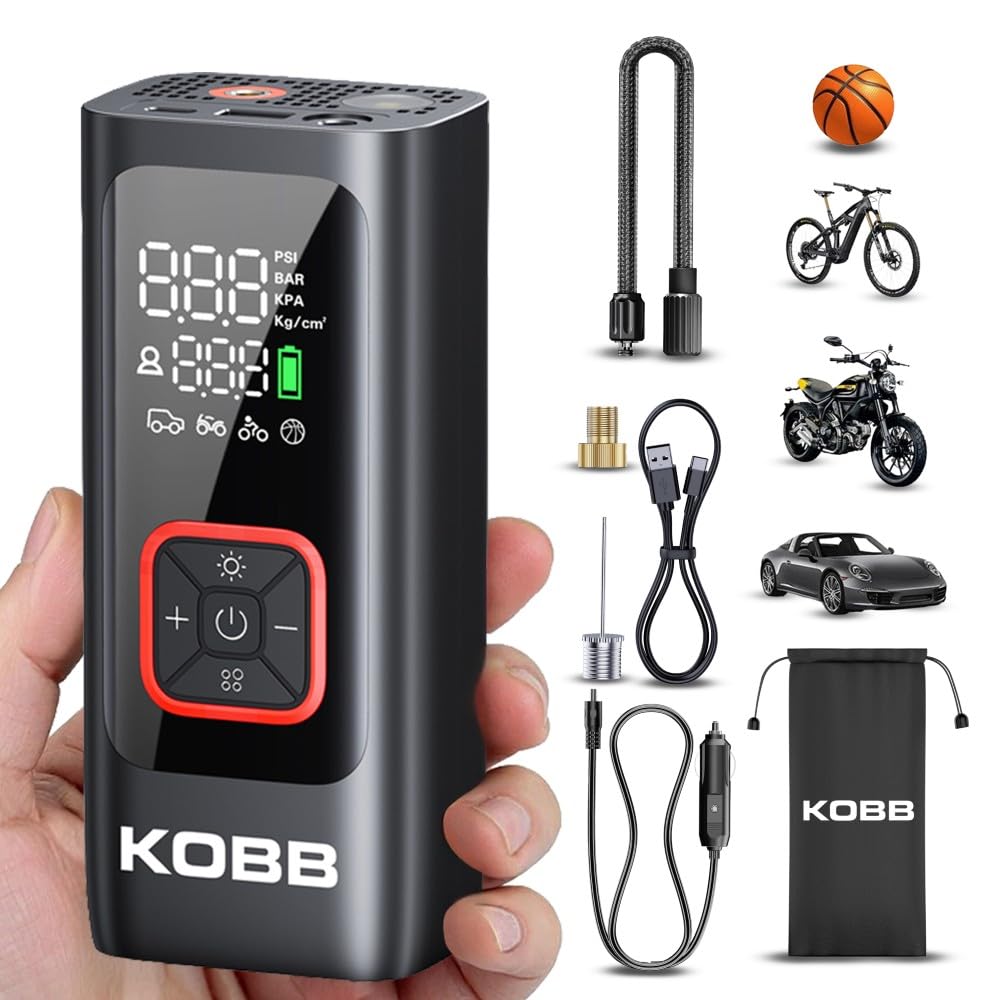 KOBB KB426 Şarjlı Dijital Lastik Şişirme Pompası, 12V, 150 PSI, 2000mAh Li-ion, Powerbank, LED Lamba, 16x6.6x5 cm
