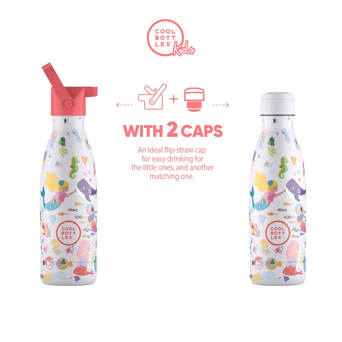 Cool Bottles - Termos dla dzieci – butelka na wodę ze stali nierdzewnej – 350 ml – Sweet Mermaids – zimne napoje 36 godzin i gorące napoje 18 godzin – bez BPA
