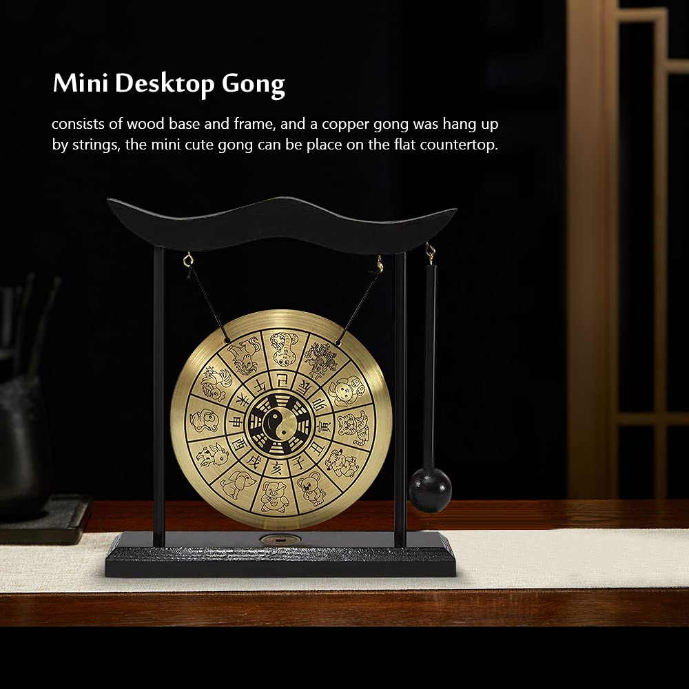 Wakects Mini Gong da Tavolo con Mazza, Strumento a Percussione, Tema Dodici Zodiaci Cinesi, Rame e Legno