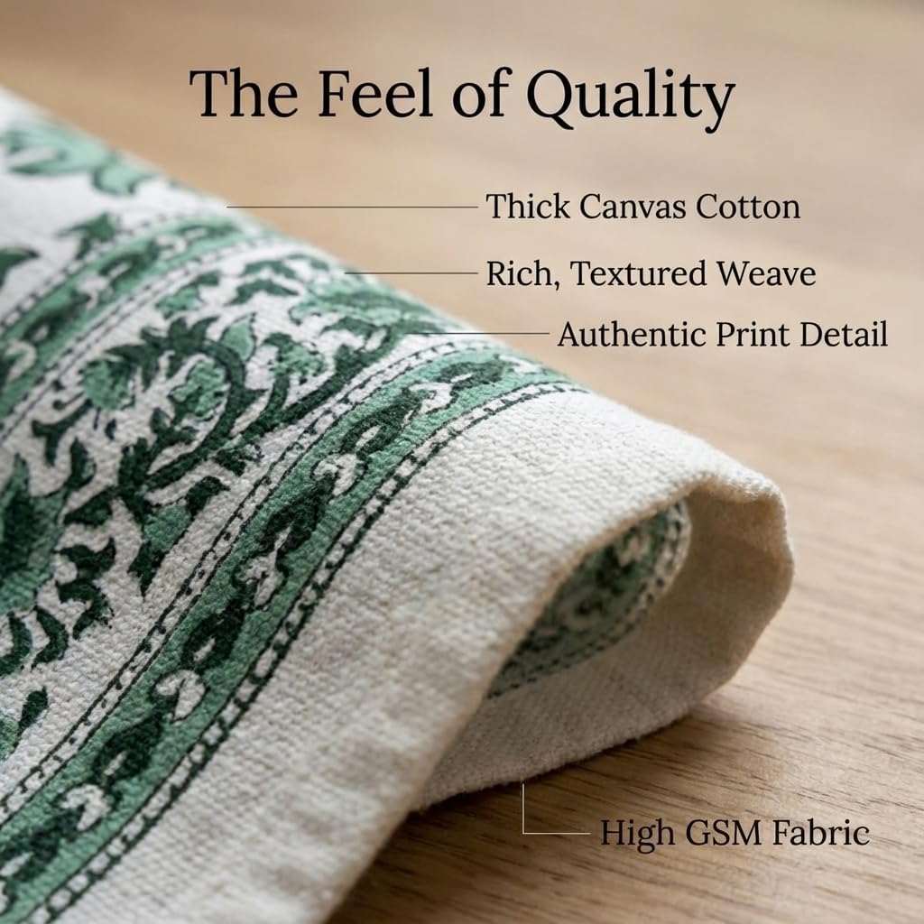 Handcrafted Hand Block Print Tablecloth 6 Seater Rectangle 60x90 Inch - Floral Canvas Cotton - Fall & Holiday Dinner Collection - Washable Reusable Sustainable Gift-Boxed - Green & White - Image 6