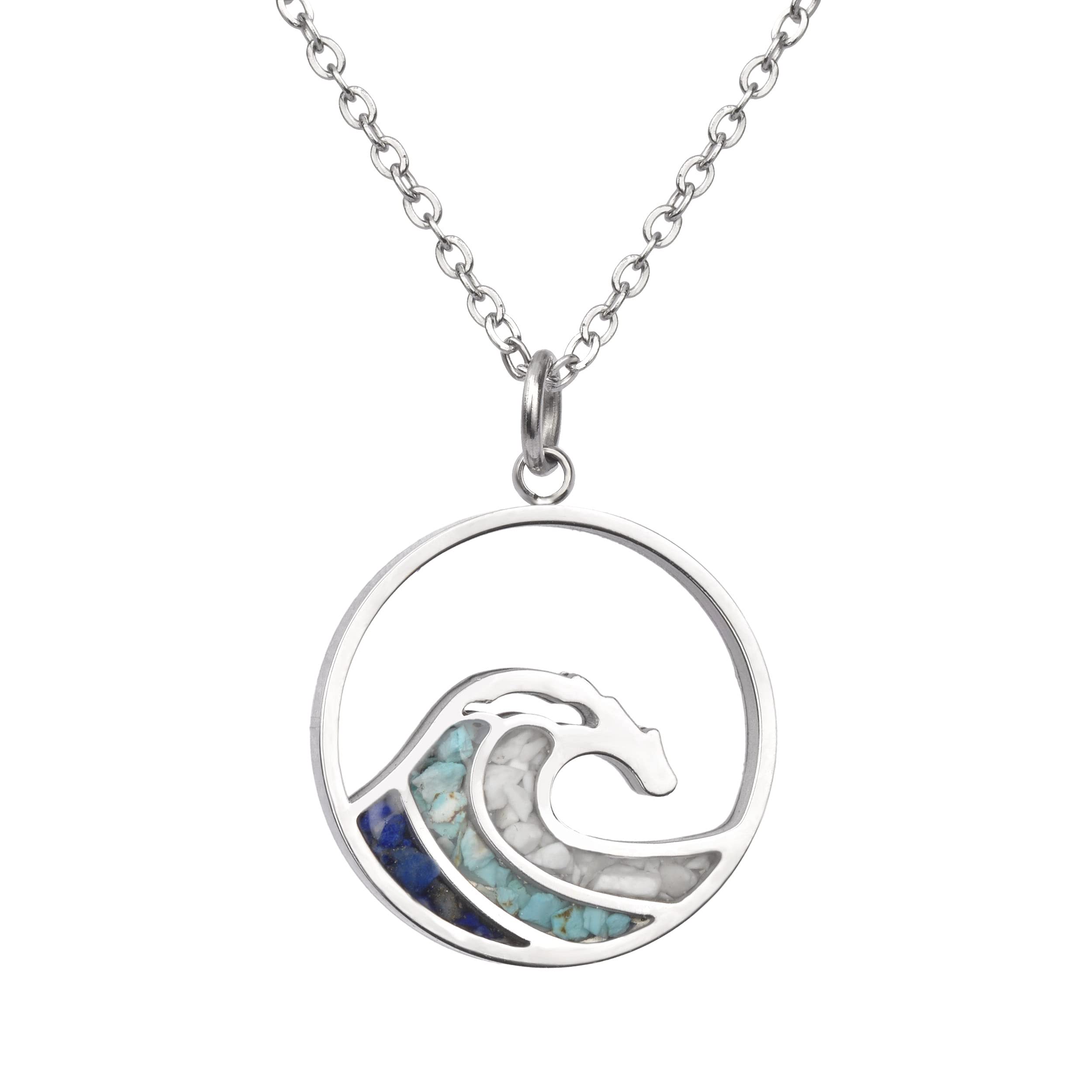 Lauren-SpencerTurquoise Wave Necklace for Women Tumbled Gemstone Chips Pendant Necklace Dainty Ocean Wave Necklaces for Women Girls Surfer Beach Jewelry Gifts