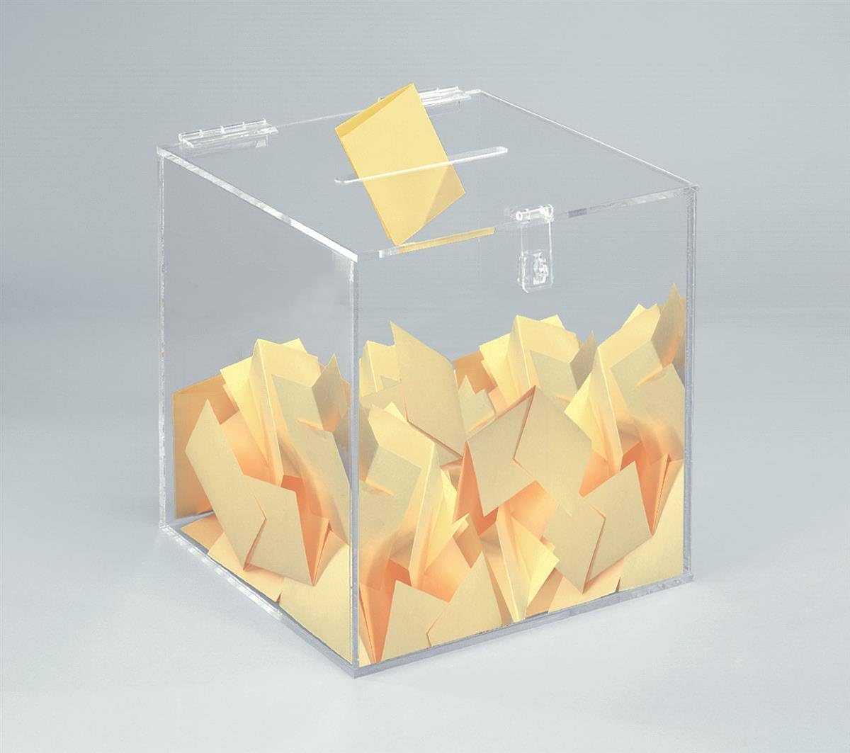 Displays2go 12-inch Clear Acrylic Ballot Box Cube with Hinged Lid, for Countertop Use