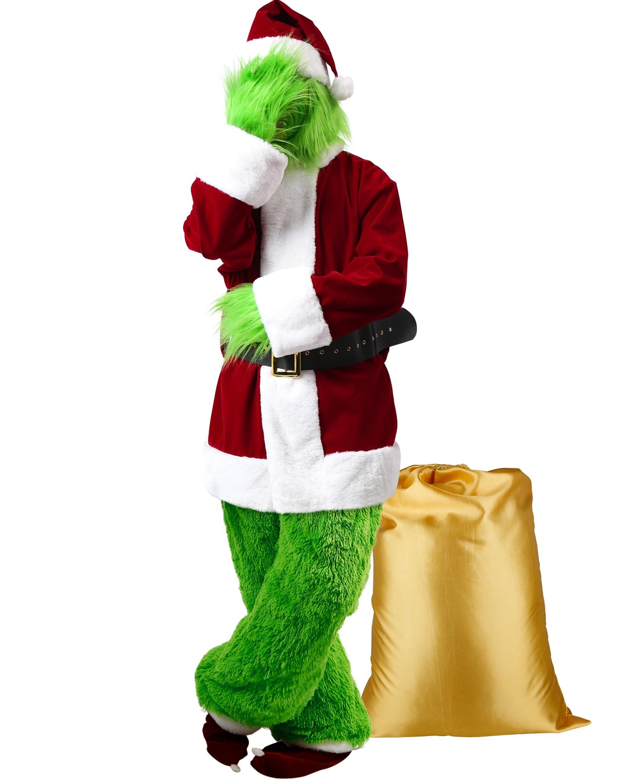 Koquena Green Santa Claus Costume for Men Halloween Green Santa Costume Outfit 8 Pcs Deluxe Adult Green Santa Suit