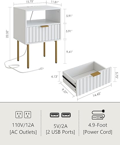 Miniatura 2 de Aienvey Mesita de noche con estación de carga, mesita de noche acanalada con marco dorado, mesa auxiliar con cajón y estante para dormitorio, sala
