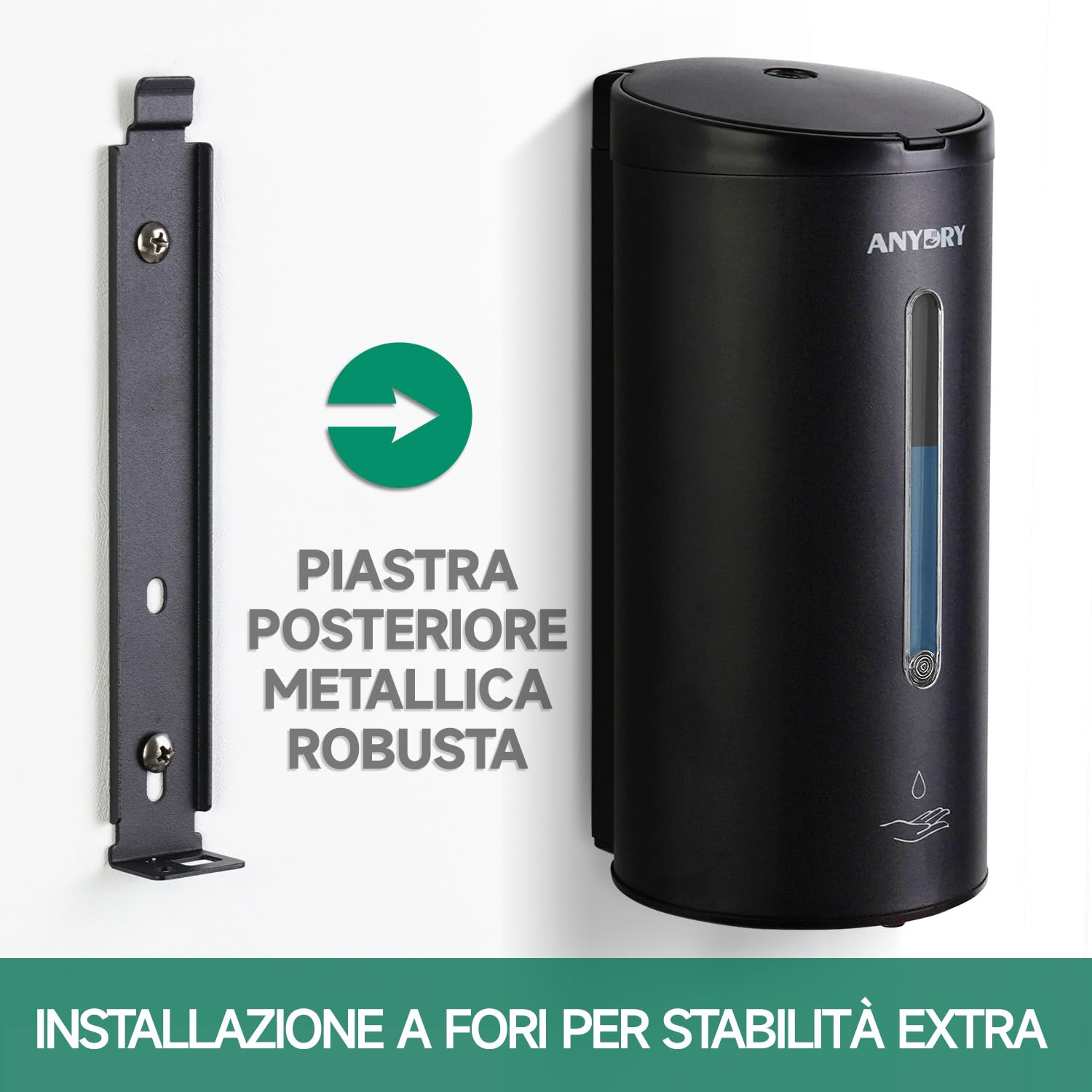 anydry Dispenser automatico a parete per sapone liquido anydry 750ml (uso commerciale) – Rivestimenti anticorrosione, Modello 1205E （Nero Opaco）