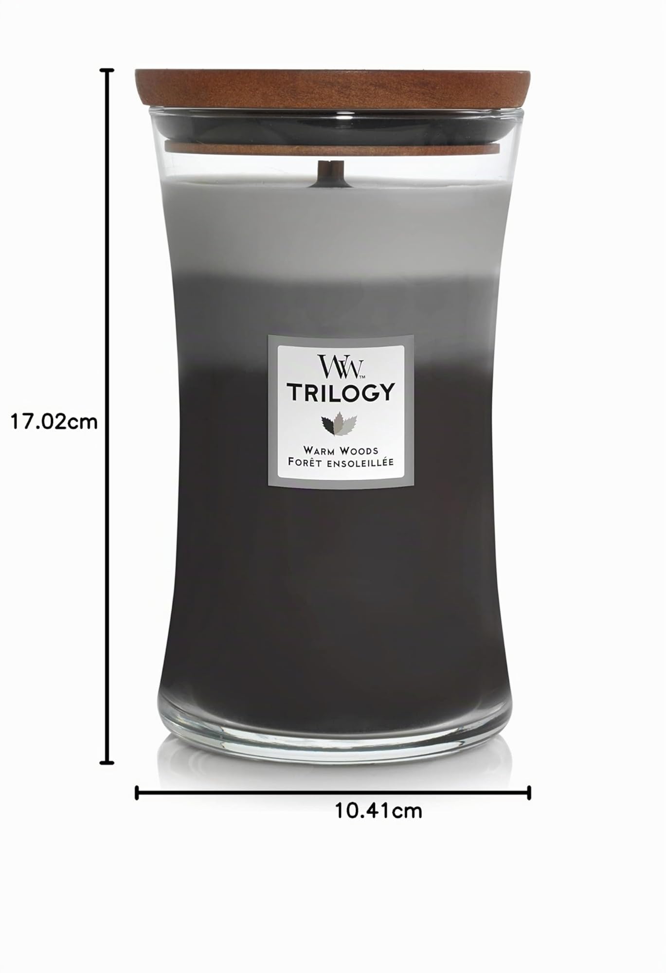 WoodWick Trilogy candela profumata a clessidra grande con Pluswick InnovationLegno caldo