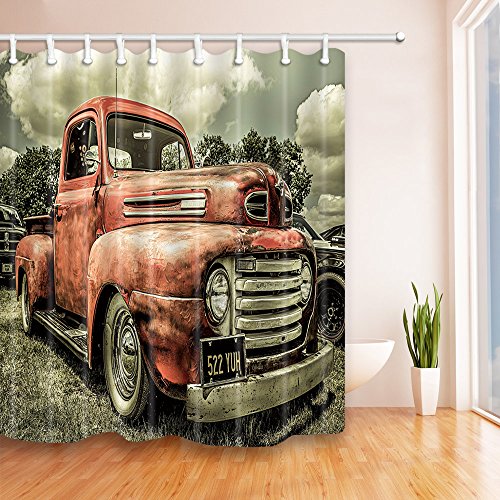 Nymb Antique Car Shower Curtains, Custom Vintage Old Truck Car Decor, Polyester Fabric Red Rustic Tractor Shower Curtain Set With Hooks Fantastic Decorations Country Farmhouse Bath Curtain, 69X70In #TOP1