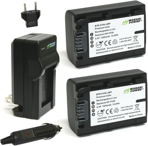 Wasabi Power Batería (paquete de 2) y cargador para Sony NP-FV30, NP-FV40, NP-FV50 y Sony DCR-SR15, SR21, SR68, SR88, SX15, SX21, SX44, SX45, SX63,