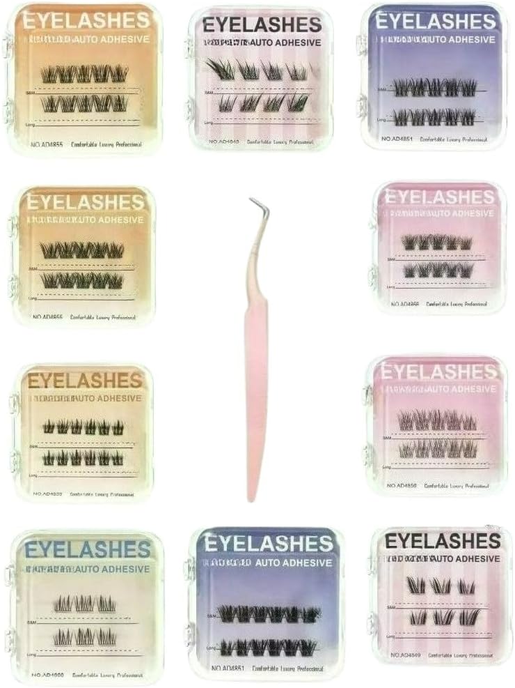 Kit Com 10 Caixas Cilios Postiços Auto-Adesivos Sem Cola E 1 Pinça Para Festas Cilios Postiços Fox Eyes Realça Expressividade Do Olho(10 CAIXAS+1 Pinça)