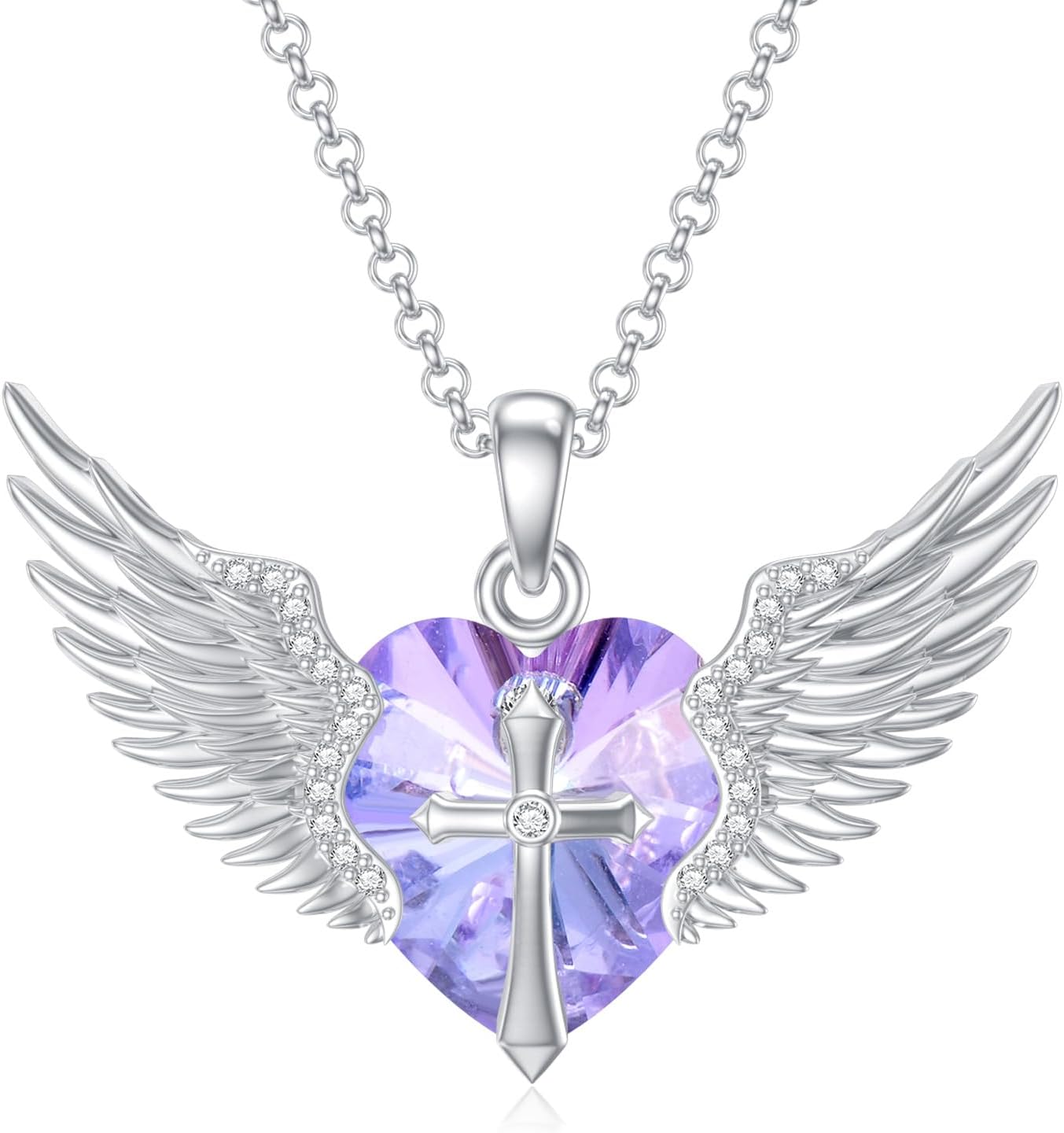 Angel Wings Necklace with Cross 925 Sterling Silver Guardian Angel Wings Pendant with Birthstone Necklace Valentine's Day Anniversary Birthday Angel Jewelry Gifts for Women