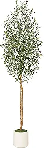 Artificial Olive Tree 7ft,Faux Plant with White Pot, Floor Fake Plants with Natural Wood Trunk and Fruits, Artificial Trees Indoor for Home Decor