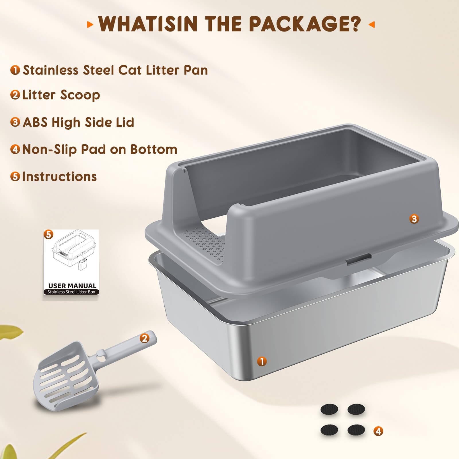 Lettiera in acciaio inox con coperchio, extra large, facile da pulire, in metallo, con paletta e recinzione sui lati alti, per gattini/gattini/piccoli/medi/grandi - grigio