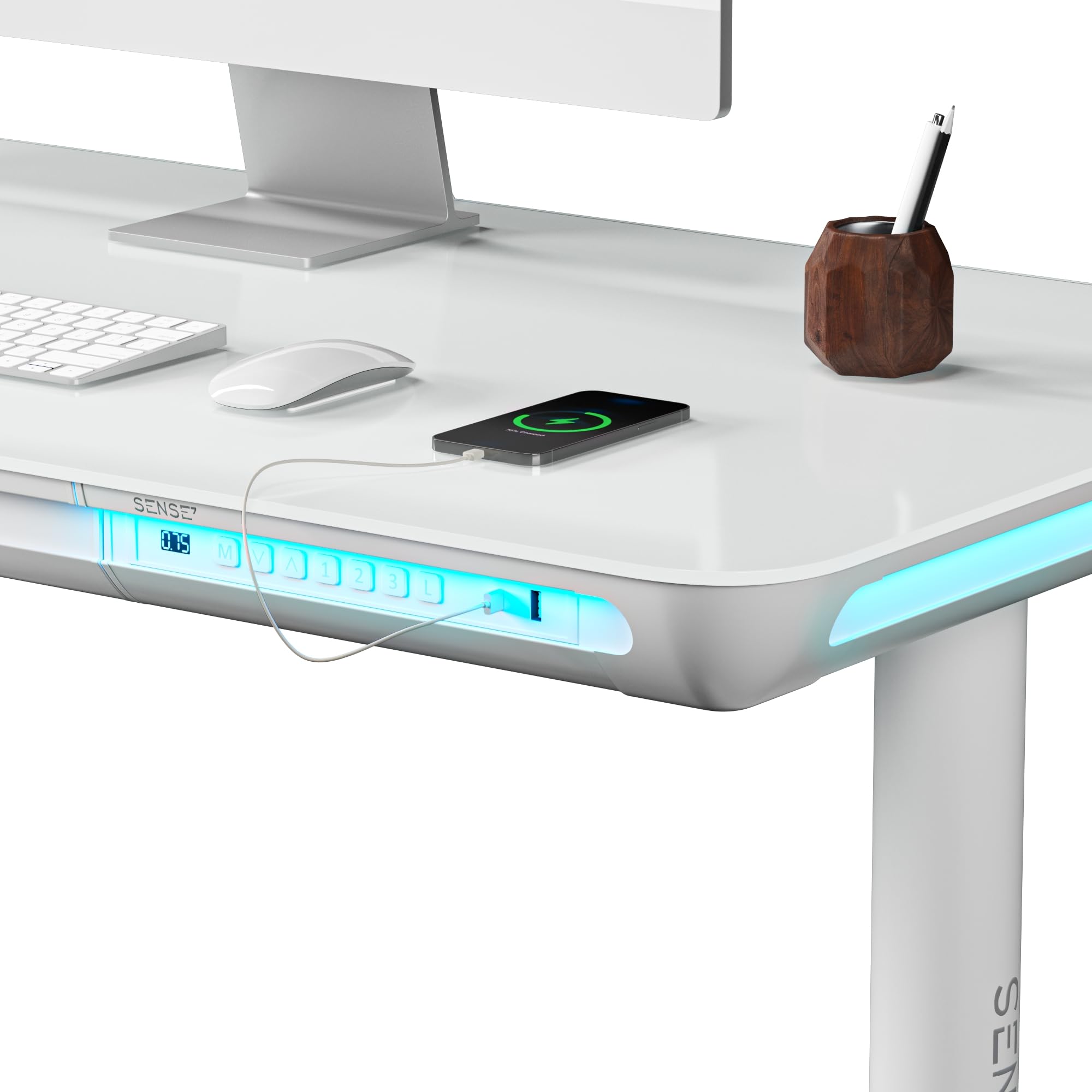 SENSE7 Nomo LED Gaming Schreibtisch, 120x60cm, Höhenverstellbar, USB-C, USB 3.0, Glas, Schublade, Haken, Modern, Weiß, Erwachsener, Home Office, Büro, Lernzimmer, Wohnzimmer