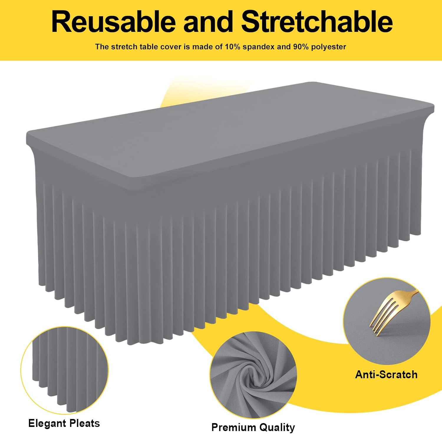 Smiry Spandex Tablecloth, Elastic Fitted Stretch Tablecloth for 6FT Rectangle Tables, Waterproof Washable Table Cover Skirt for Outdoor, Wedding, Banquet & Parties (Grey, 72Lx30Wx30H Inch)