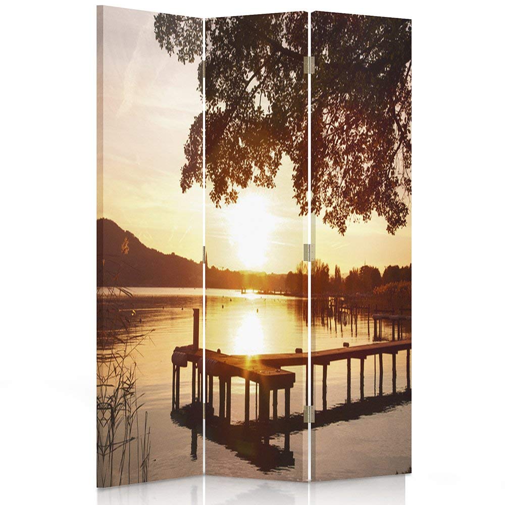 Feeby Paravent Port 3 Panneaux lac 110x180 cm Une Seule Côté Cloison de séparation Écran Pliant Foto Paravent Interieur Décoratif Mur Espagnol Impression sur Toile Chambre d'enfant Salon Bureau Jaune