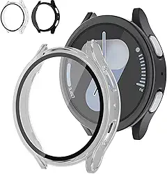 [2+2] Pacote para Samsung Galaxy Watch 7 Capa protetora de tela acessórios de 44 mm, capa antiderrapante ultrafina resistente a arranhões com vidro temperado para Galaxy Watch 7, conjunto de capa