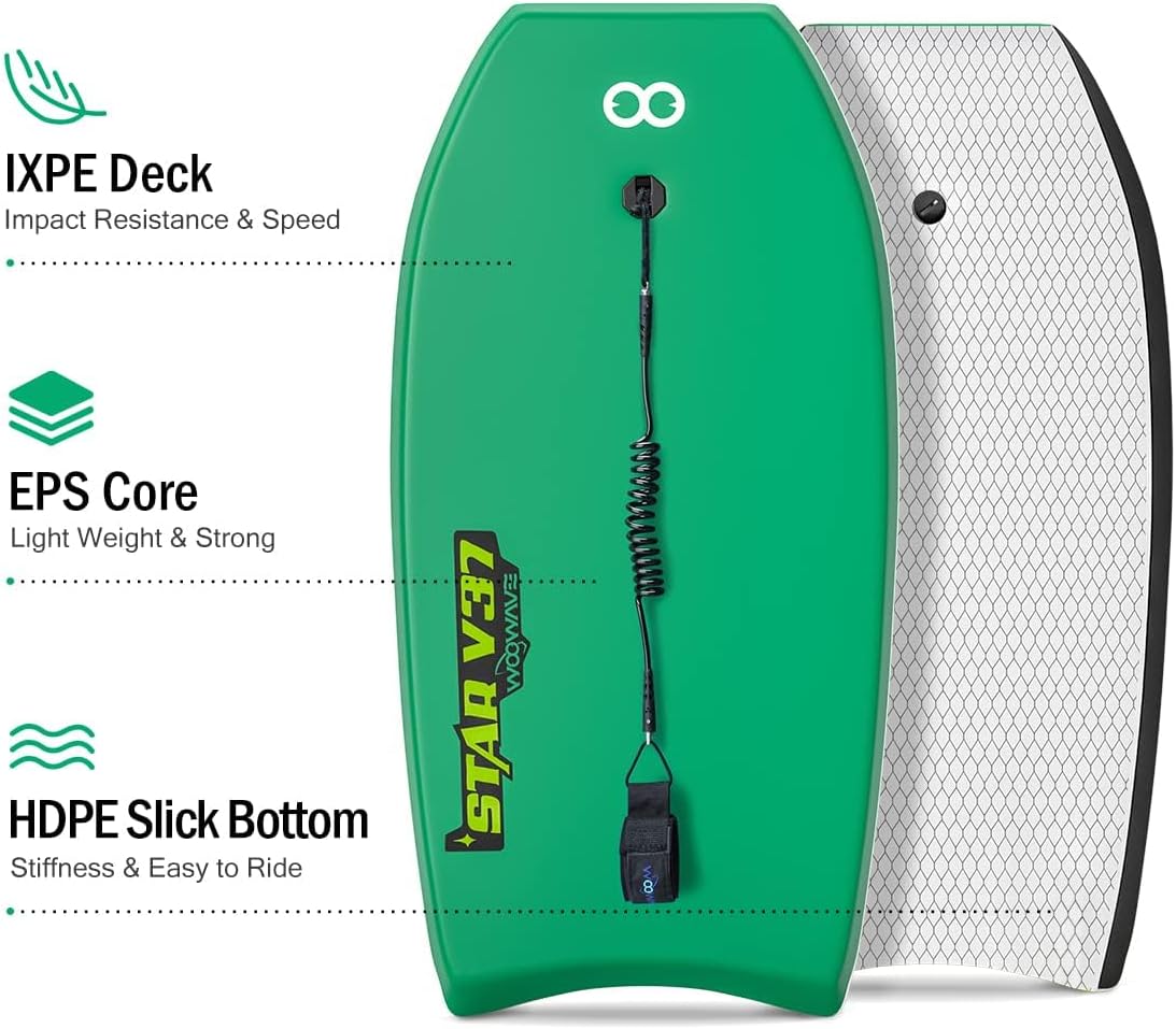 Bodyboard 33-inch/37-inch/42-inch Premium IXPE Body Board with Coiled Wrist Leash, Super Lightweight EPS Core and HDPE Slick Bottom, Perfect Surfing for Kids Teens and Adults