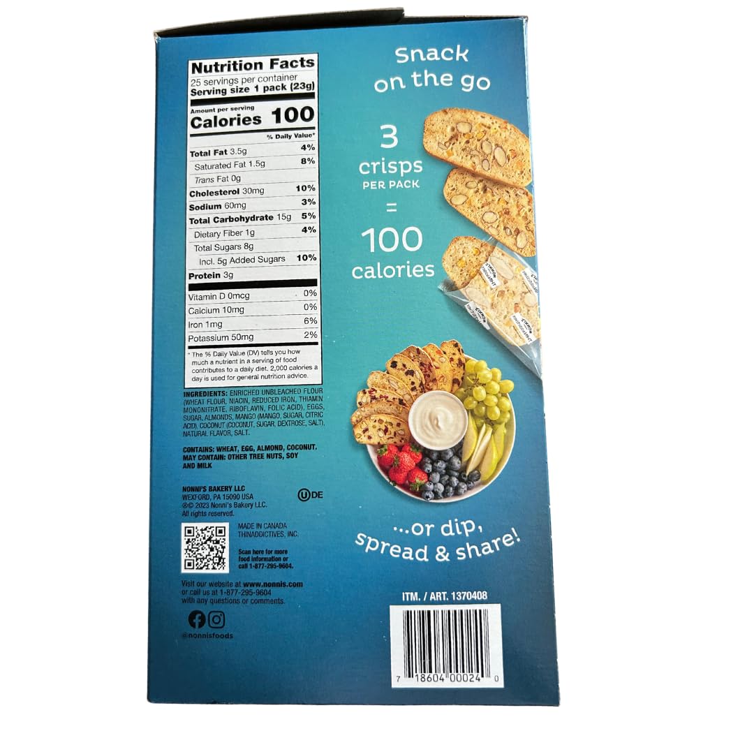 Nonni's Bakery On-The-Go Snack Crisps, Mango Coconut Almond Thin Cookies, 25 ON THE GO PACKS OF 3 = 75 CRISPS, 100 Calories, 575g