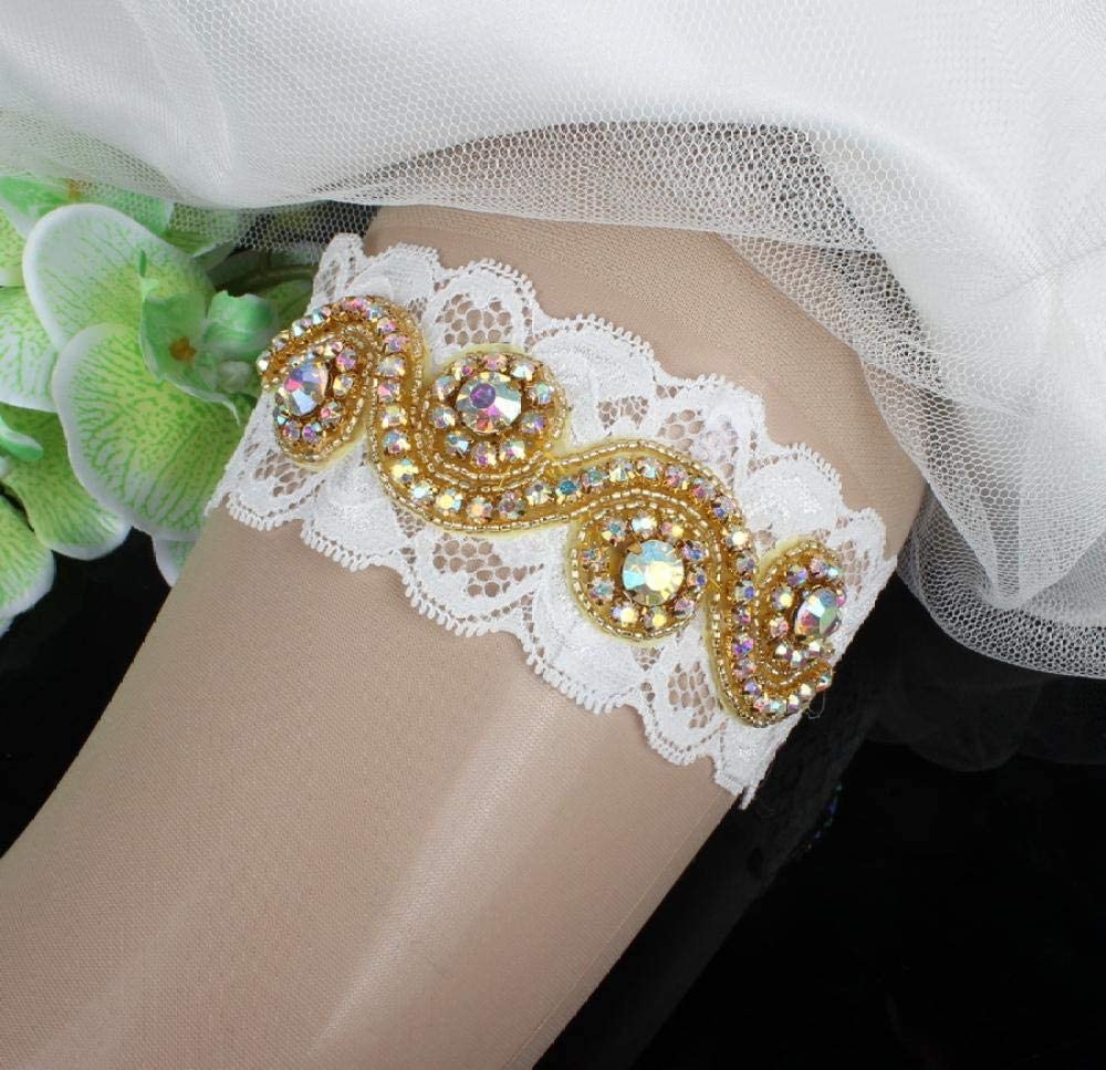 Regali Giarrettiera Personalizzata,Gambe da Sposa con Diamanti Importati d'oro con Reggicalze in Pizzo Elasticizzato-Bianco 5 Pezzi_M,Giarrettiera in Pizzo con (Bianco 5 Pezzi M) (Bianco 5 Pezzi