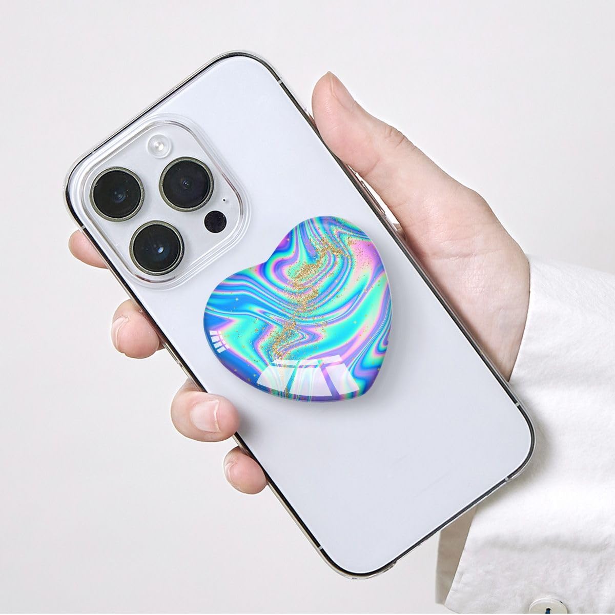 Luhoit Expandiing Cell Phone Grip Heart Shape Glass Finger Holder for Smartphones, Cellphone Collapsible Stand - Gold Purple Blue Wave, LSF6D - Image 3