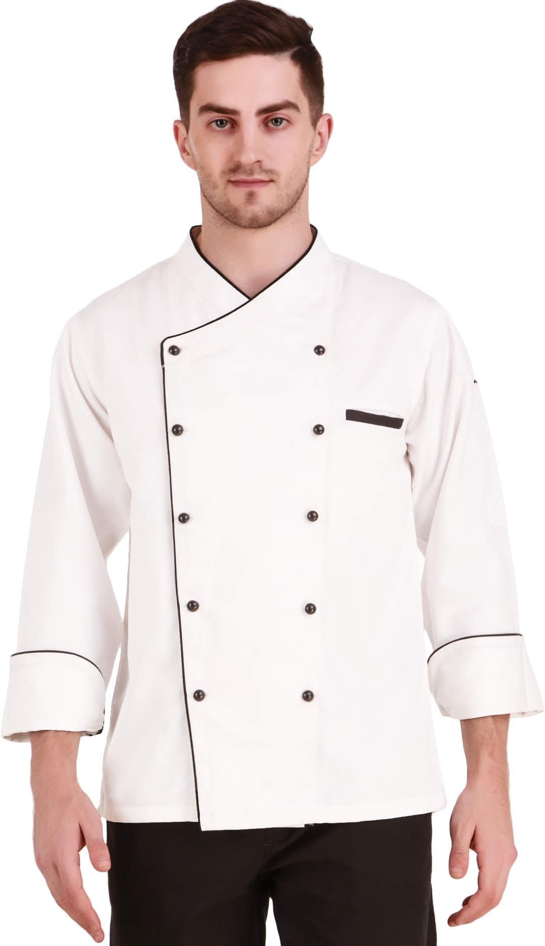 KODENIPR CLUB Traditional White Chef Coat Black Piping Contrast, Detachable Button Poly/Cotton, Size (M-38)