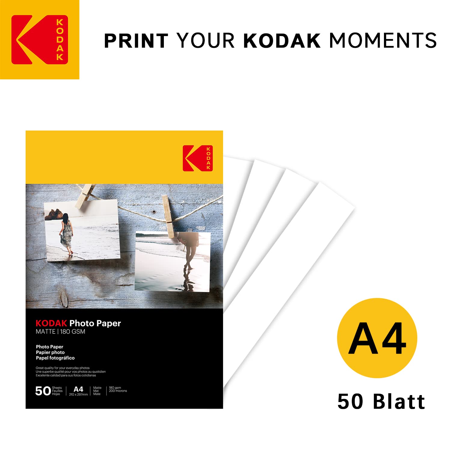 Kodak Papel fotográfico mate, 180 g/m2, DIN A4, 210 mmx297 mm, 50 hojas para impresora de inyección de tinta, papel fotográfico, tarjetas fotográficas, instantáneas, resistentes al agua, color blanco