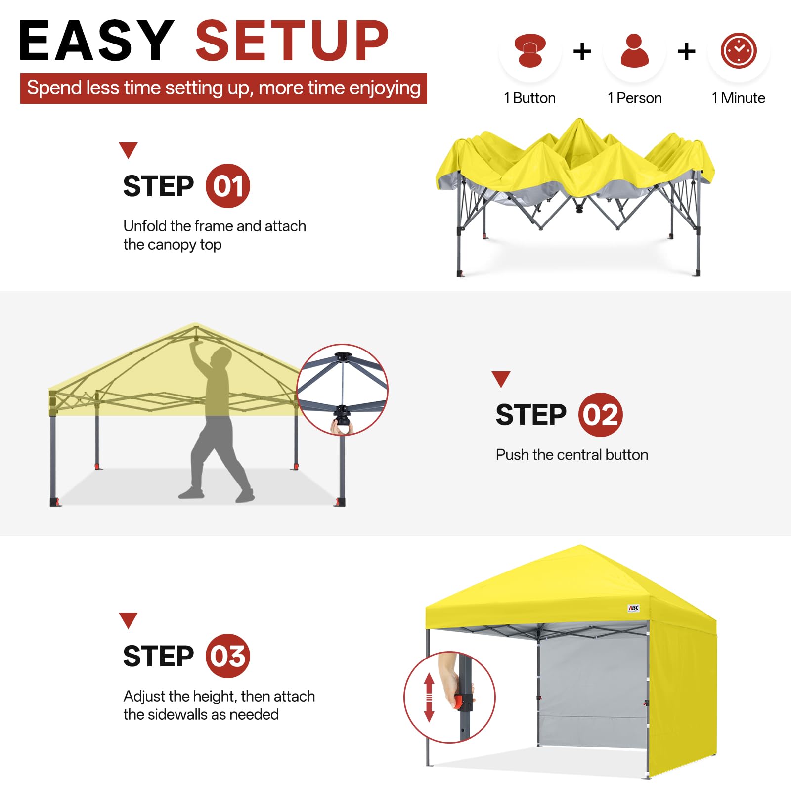 ABCCANOPY Faltpavillon UV50+ mit 2 Seitenwänden, Gelb 300 cm | 500D Polyester,wasserdicht, 4 Sandsäcke & Rolltragetasche – für Garten & Camping