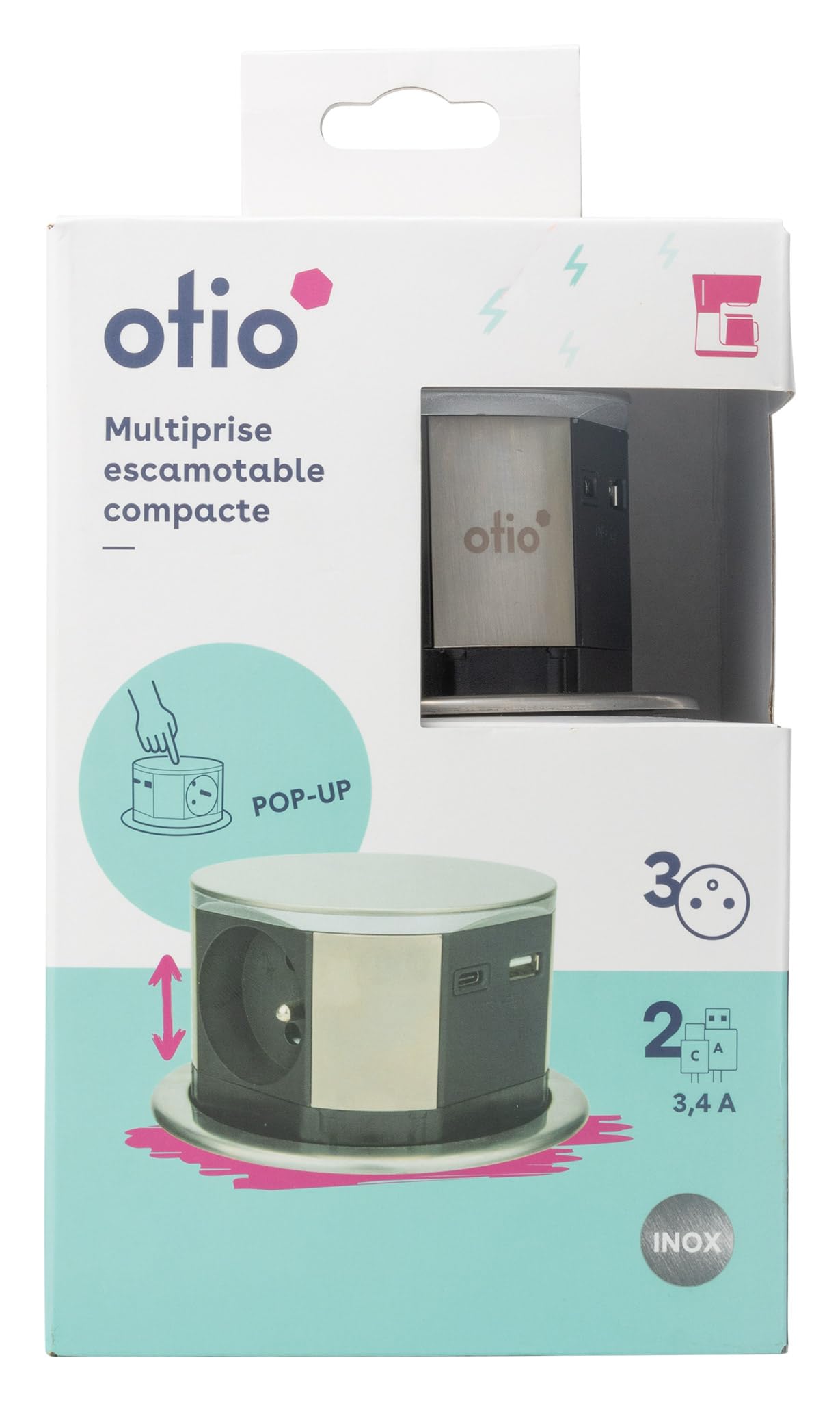 Otio - Bloc multiprise encastrable 3 Prises 16A 2P+T et 2 USB - Alu