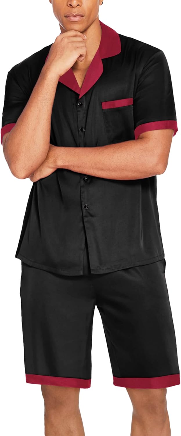 Ekouaer Men Satin Silk Pajamas Set with Pockets Sleepwear Shorts Satin Summer Loungewear 2 Piece Button Down Set S-3XL - Image 8