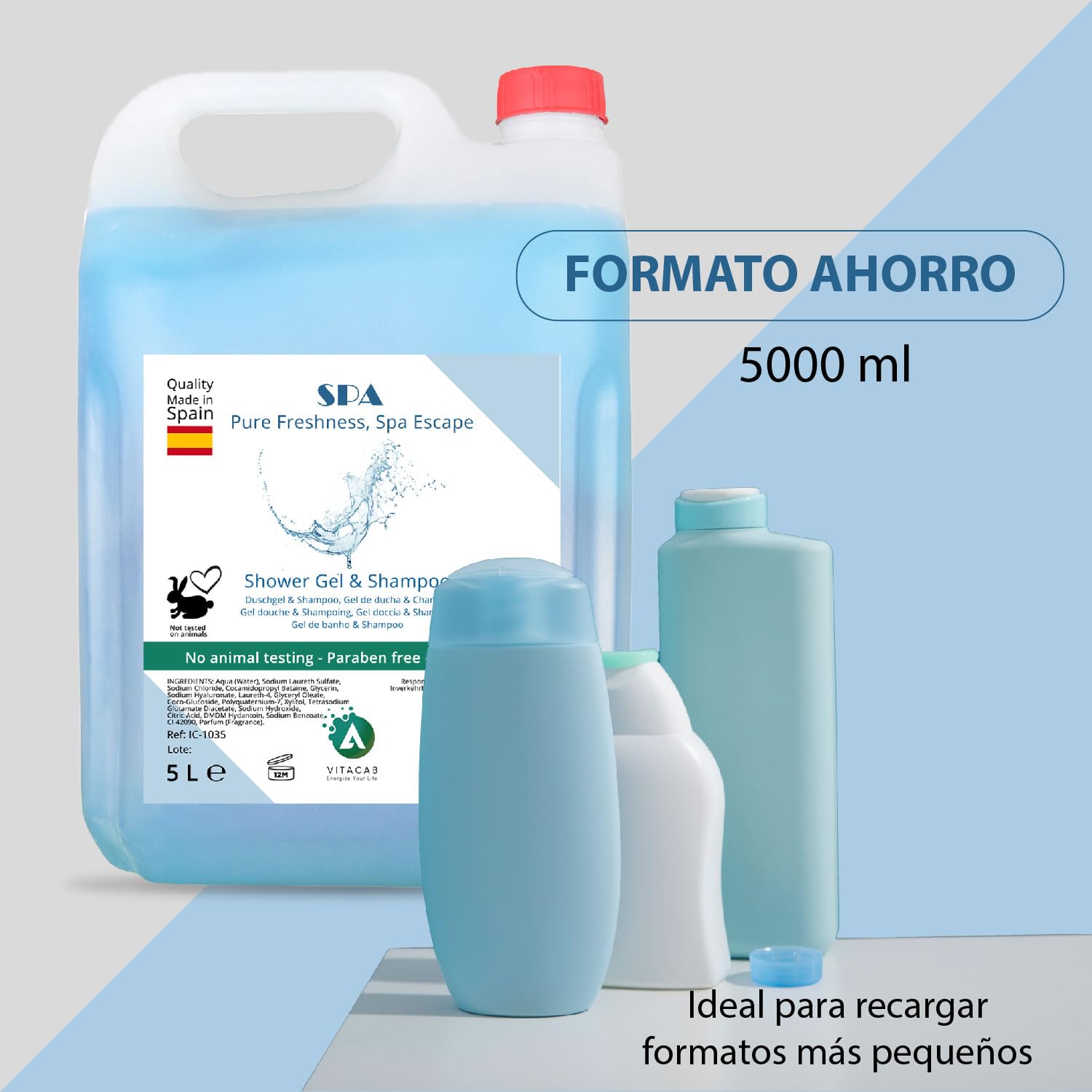 Duschgel & Shampoo Spa 2in1 – 4 x 5 Liter Nachfüllkanister mit frischem Duft – Flüssigseife für Spender, vegan und pH-hautneutral – Duschgel für Hotels, Shampoo für Gewerbe, Körperpflege