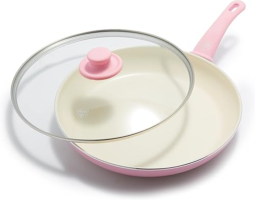 GreenLife Sartén antiadherente de cerámica suave de agarre saludable, de 12 pulgadas con tapa, sin PFAS, apta para lavavajillas, rosa