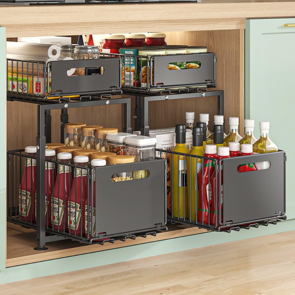 XBTGS Mensola regolabile sotto il lavello con design estraibile a 2 ripiani in acciaio al carbonio per cucina o bagno, altezza 41-49 cm mize spazio e disordine,